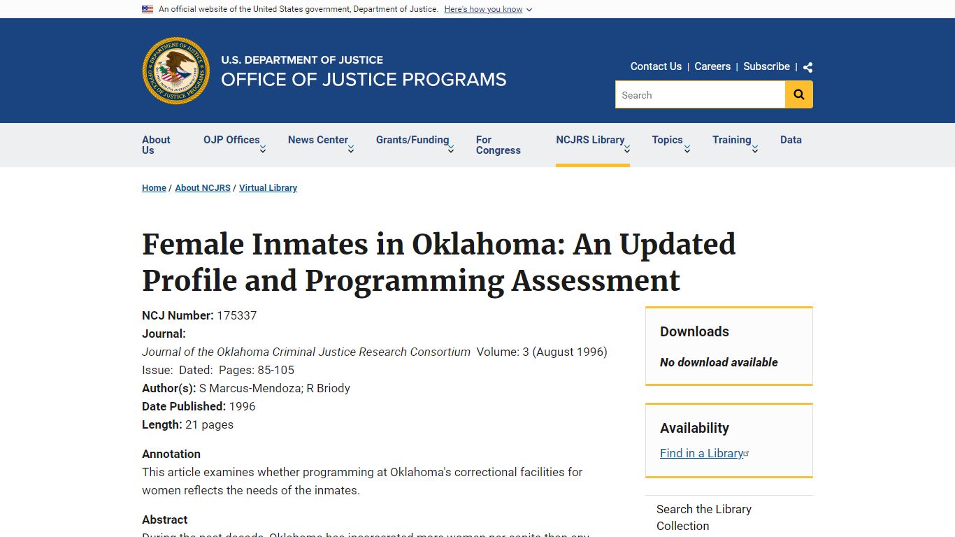 Female Inmates in Oklahoma: An Updated Profile and Programming ...